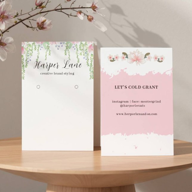 Elegant Blommig Trästav för Örhängen med Akvariefä Visitkort (Floral Custom Earring Display)