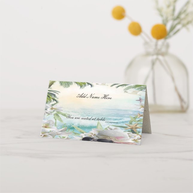 Elegant Blommig Tropisk Strand Bröllopsbord Plats Placeringskort (Framsida)