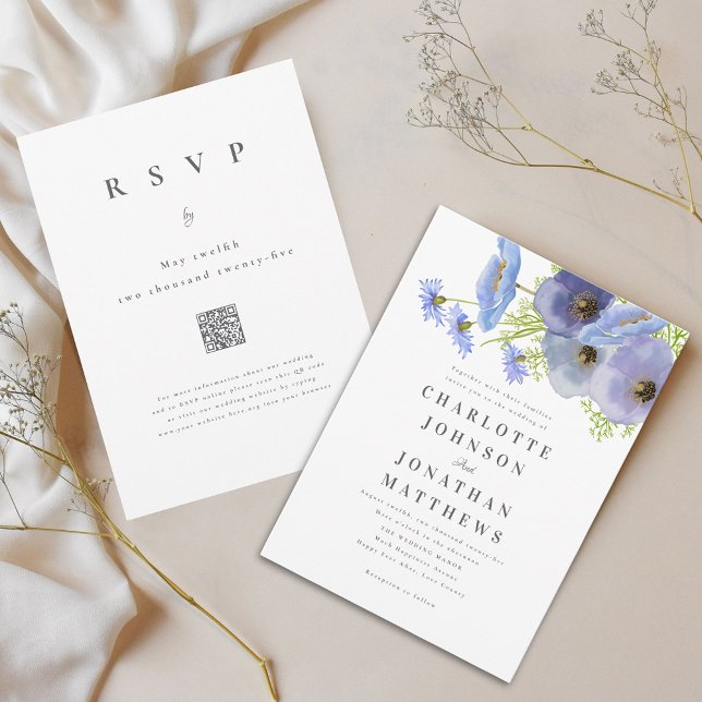 Elegant Blommig Vattenfärg Blå Bröllops Qr Kod Inbjudningar (Elegant watercolor wildflower blue floral bouquet wedding QR code invitation)