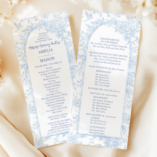 Elegant Blommig Vattenfärg Bröllopsprogram i Blått Program (French Dusty Blue Floral Frame Wedding Program)