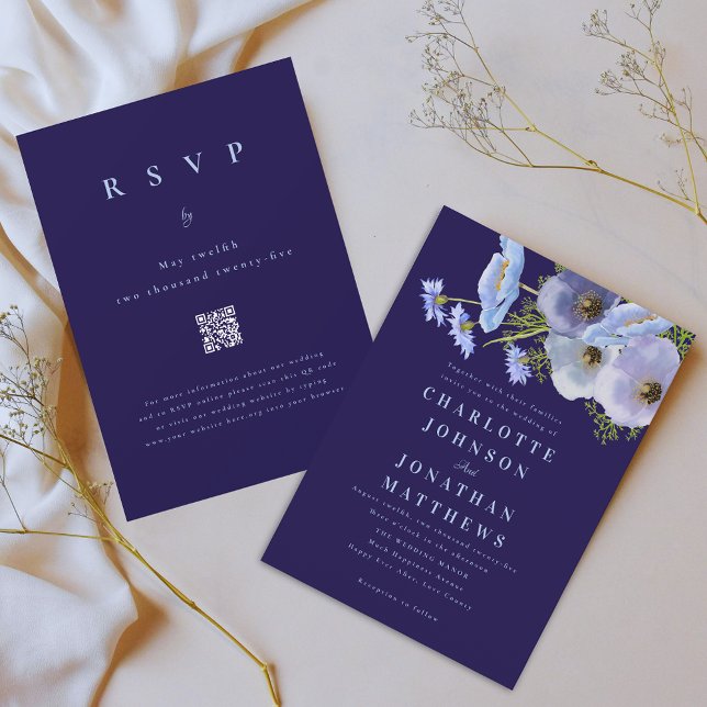 Elegant Blommig Vattenfärg Marinblå Bröllops QR-ko Inbjudningar (Elegant watercolor wildflower garden floral bouquet navy blue wedding qr code invitation )