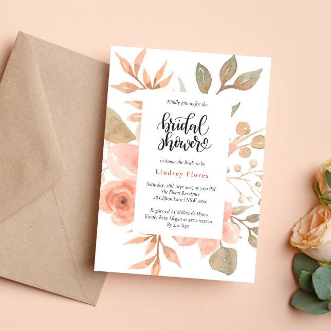 Elegant Blommig Växtlighet Bröllopsdusch i Akvarel Inbjudningar (Elegant watercolor floral greenery invitation creates a fresh, romantic bridal shower tone)