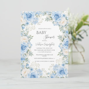 Elegant Blommig Vintage Baby Shower i Blått Inbjudningar