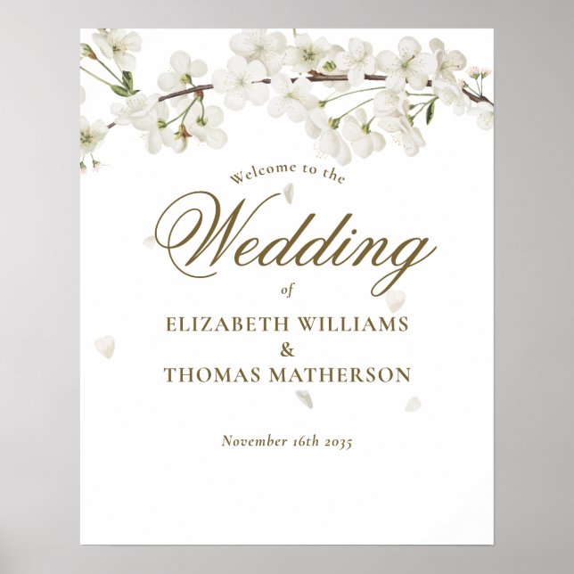 Elegant Blommig Vit Bröllopsblomma Välkomstskylt Poster (Framsidan)