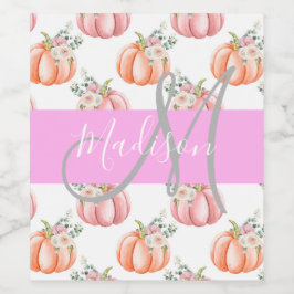 Elegant Blommig Vit Rosa Peach Pumpa Monogram Namn Vinflaska Etikett