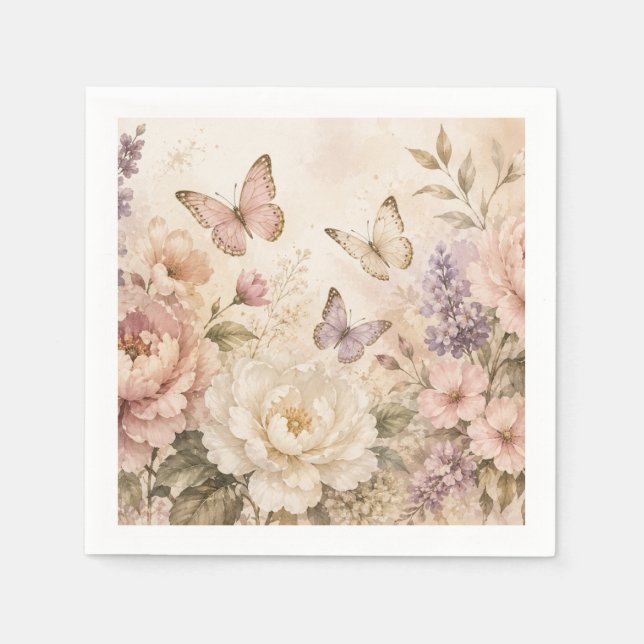 Elegant Blommig Watercolor & Fjäril Pappersservett (Framsidan)