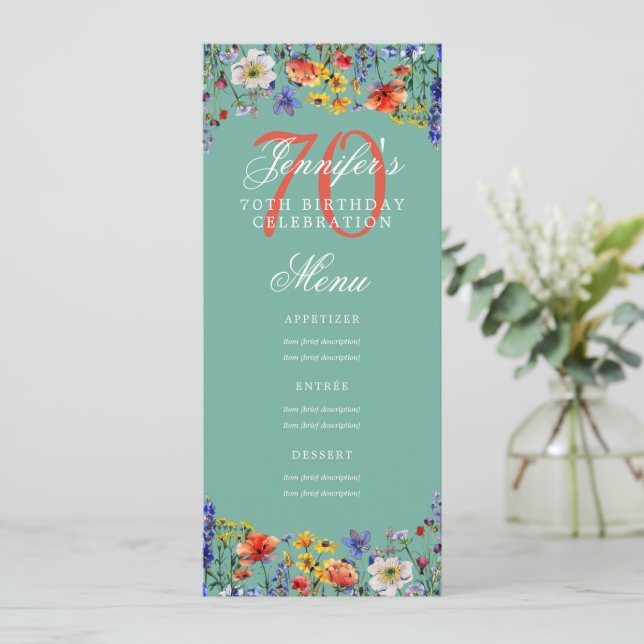 Elegant Blommigt 70:e Födelsedagsfest Menu Teal Inbjudningar (Stående Fram)