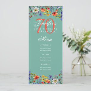 Elegant Blommigt 70:e Födelsedagsfest Menu Teal Inbjudningar