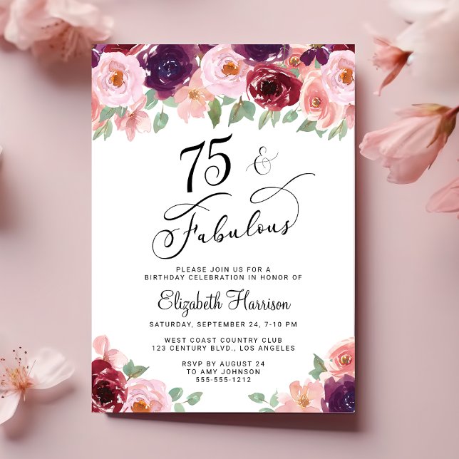 Elegant Blommigt 75:e Födelsedagsfest Inbjudningar (Skapare uppladdad)