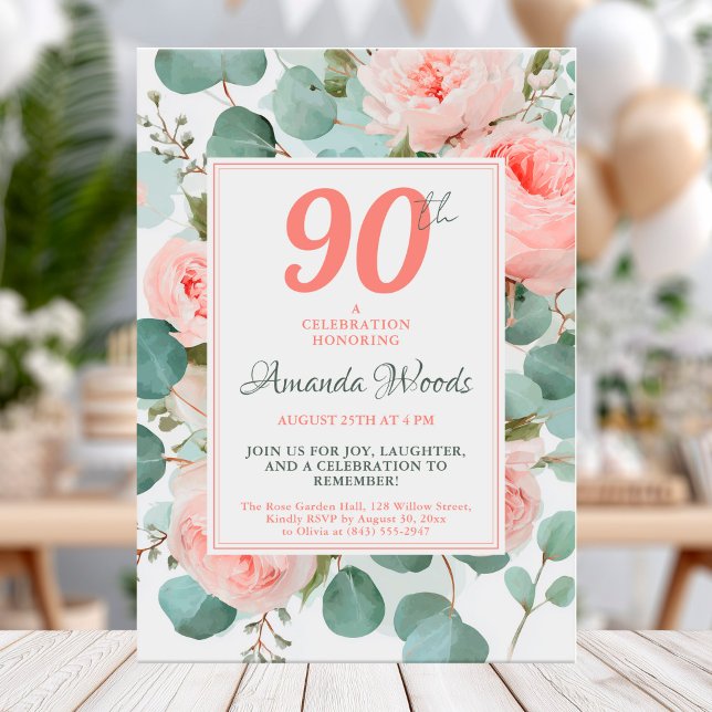 Elegant  blommigt 90:e födelsedag med ro inbjudningar (Skapare uppladdad)