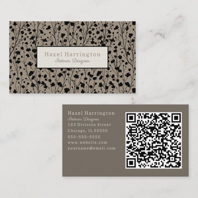 Elegant Blommigt Affärskort Modern Black Beige Visitkort (Fram/baksida)