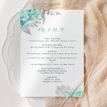 Elegant Blommigt Aqua Silver Bröllop Meny<br><div class="desc">Den här elegant bröllop-menyn har vattenbuketter med blommigt som trimmas med silver löv. "Menyn" i ord visas i ett vackert kalligrafiskt skript i akvariet,  där den återstående texten finns i grått sans serif-teckensnitt på vit bakgrund.</div>