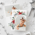 Elegant Blommigt Arch och Photo Julkort<br><div class="desc">De här vackra fotokorten har ditt favoritfoto på framsidan, omgivet av en modern fullt av klassiska julpoinsettior, blommor, samt manusjus och guld-manusjett som säger "glädje". Traditionella bilder och illustrationer med röd grönt och vit blommigt dekorerar både framsidan och baksidan, och baksidan av kortet har också plats för ett andra foto...</div>