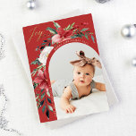 Elegant Blommigt Arch och Photo Julkort<br><div class="desc">De här vackra fotokorten innehåller ditt favoritfoto på framsidan, omgivet av en modern fullt av klassiska julpoinsettior, blommor och manuset grey och guld som säger "glädje" på en festlig röd bakgrund. Traditionella bilder och illustrationer med röd grönt och vit blommigt dekorerar både framsidan och baksidan, och baksidan av kortet har...</div>