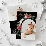 Elegant Blommigt Arch och Photo Julkort<br><div class="desc">De här vackra fotokorten har ditt favoritfoto på framsidan, omgivet av en modern fullt av klassiska julpoinsettior, blommor och manuset grey och guld som säger "glädje" på mörkens svarta bakgrund. Traditionella bilder och illustrationer med röd grönt och vit blommigt dekorerar både framsidan och baksidan, och baksidan av kortet har också...</div>