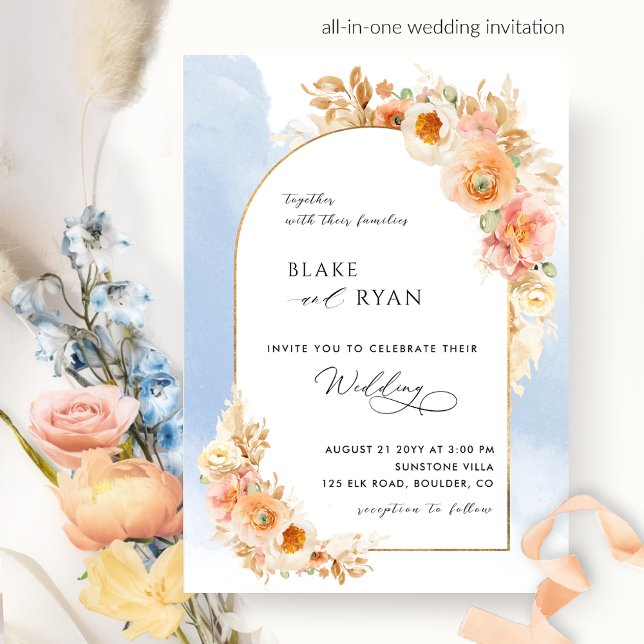 Elegant Blommigt Arch Peach  och Blue Bröllop I Inbjudningar (Skapare uppladdad)