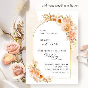 Elegant Blommigt Arch Peach  och Cream Bröllop Inbjudningar