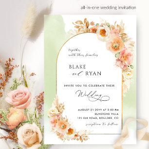 Elegant Blommigt Arch Peach och Grönt Bröllop Inbjudningar