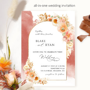 Elegant Blommigt Arch Peach  och Rust Bröllop Inbjudningar