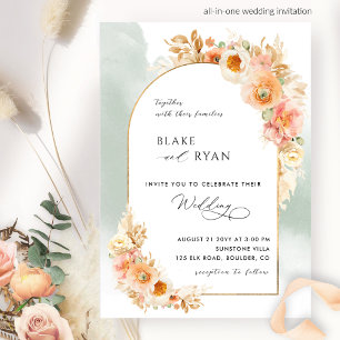 Elegant Blommigt Arch Peach och Sage Bröllop I Inbjudningar