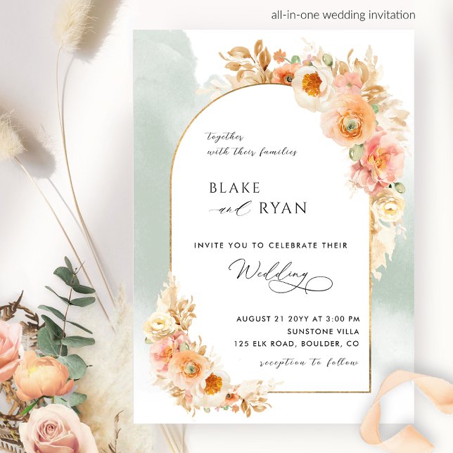 Elegant Blommigt Arch Peach  och Sage Bröllop I Inbjudningar (Skapare uppladdad)