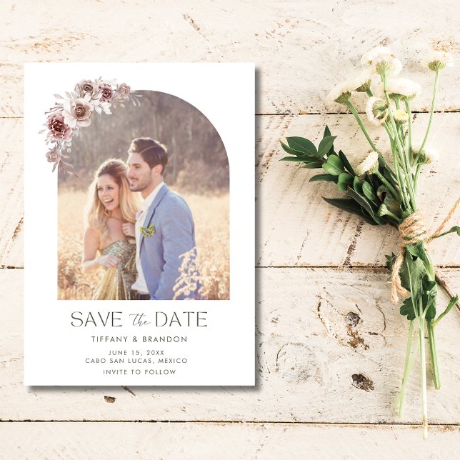Elegant Blommigt Arch Photo Bröllop Spara Datumet (Elegant Floral Arch Photo Wedding Save The Date)