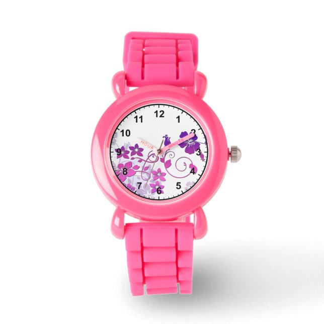 Elegant Blommigt Art med Rosa Glitter Strap Watch Armbandsur (Framsida)