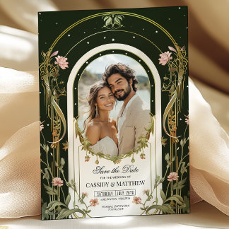 Elegant Blommigt Art nouveau Spara datumfoto Inbjudningar