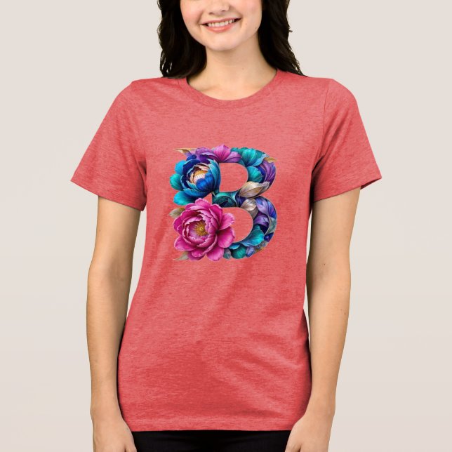 Elegant Blommigt B Initial T-Shirt för henne (Framsida)