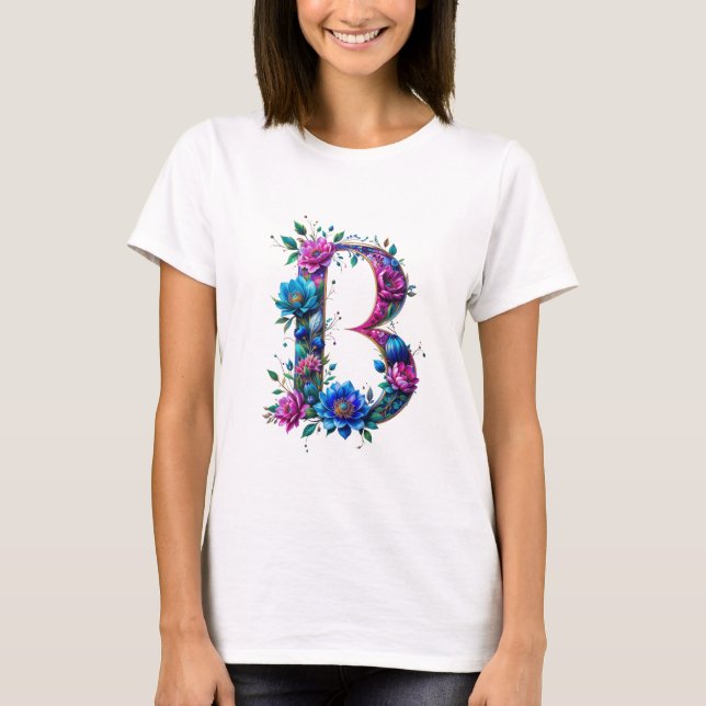 Elegant Blommigt B Initial T-Shirt för henne (Framsida)