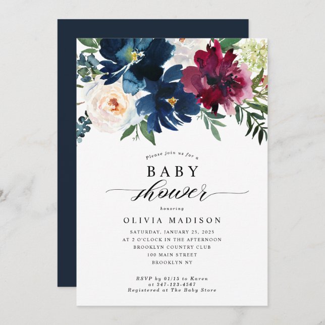 Elegant Blommigt Baby Shower Navy Blue Burgundy Inbjudningar (Fram/baksida)