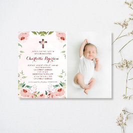 Elegant Blommigt Baptism Foto för Rosa ros Inbjudningar