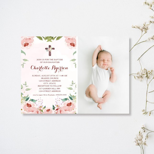 Elegant  Blommigt Baptism Foto för Rosa ros Inbjudningar (Skapare uppladdad)