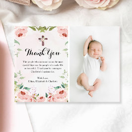Elegant Blommigt Baptism Foto för Rosa ros Tack Kort