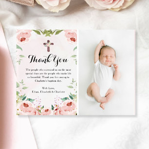 Elegant Blommigt Baptism Foto för Rosa ros Tack Kort