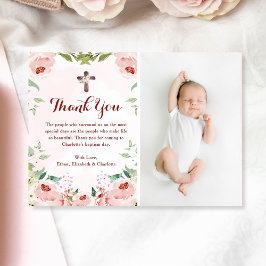 Elegant Blommigt Baptism Foto för Rosa ros Tack Kort
