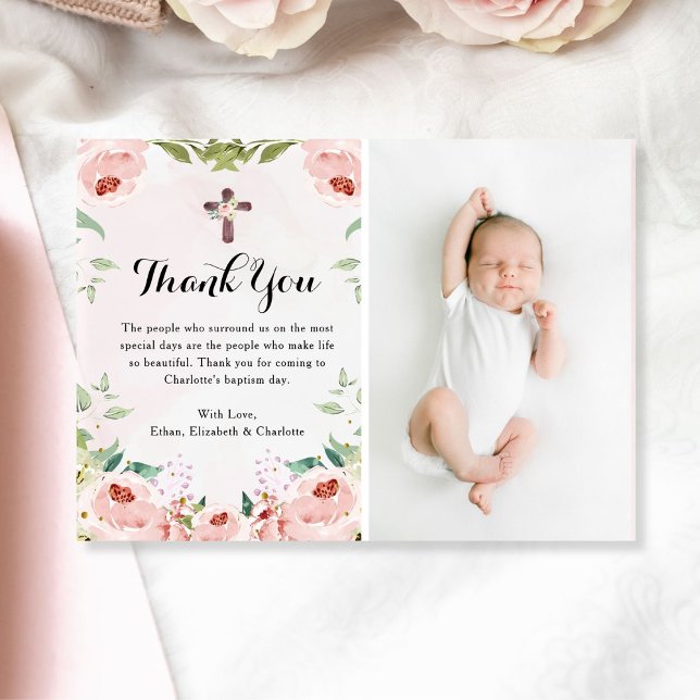 Elegant  Blommigt Baptism Foto för Rosa ros Tack Kort (Skapare uppladdad)