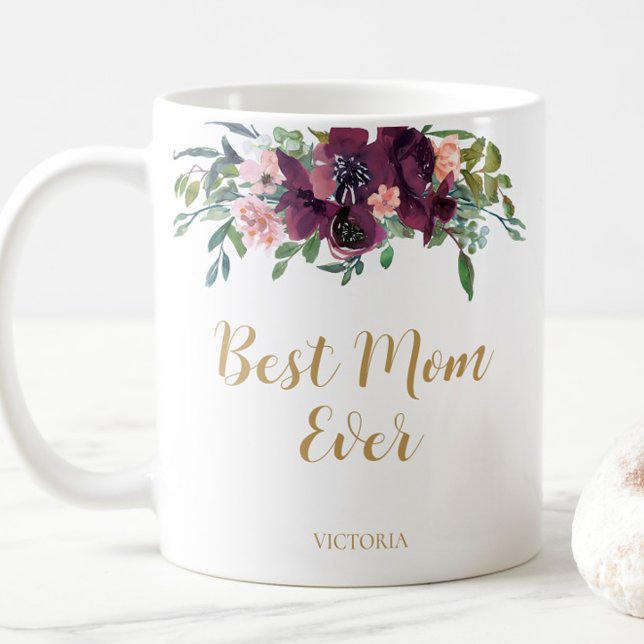 Elegant Blommigt Bästa Mamma någonsin Kaffemugg (Watercolor Floral Best Mom Ever Coffee Mug)