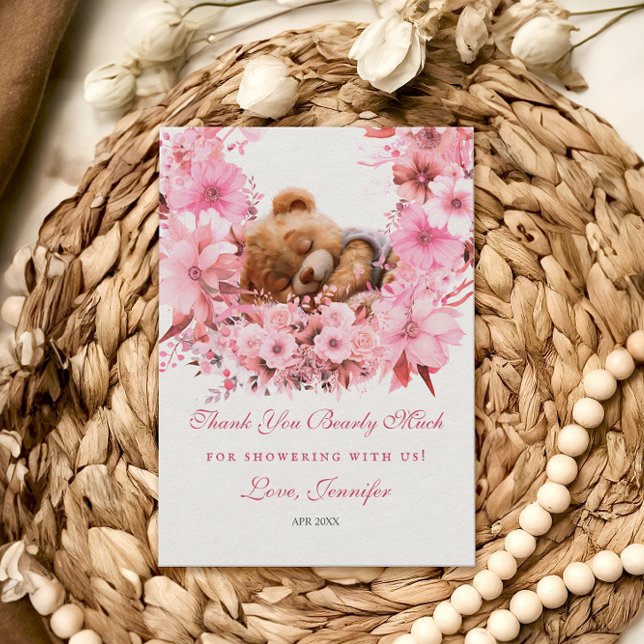 Elegant Blommigt Beary Mycket Rosa Baby Shower Tack Kort (Skapare uppladdad)