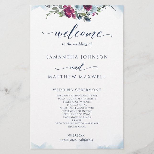 Elegant Blommigt Berry, Blue och Burgundy Bröllop (Framsida)