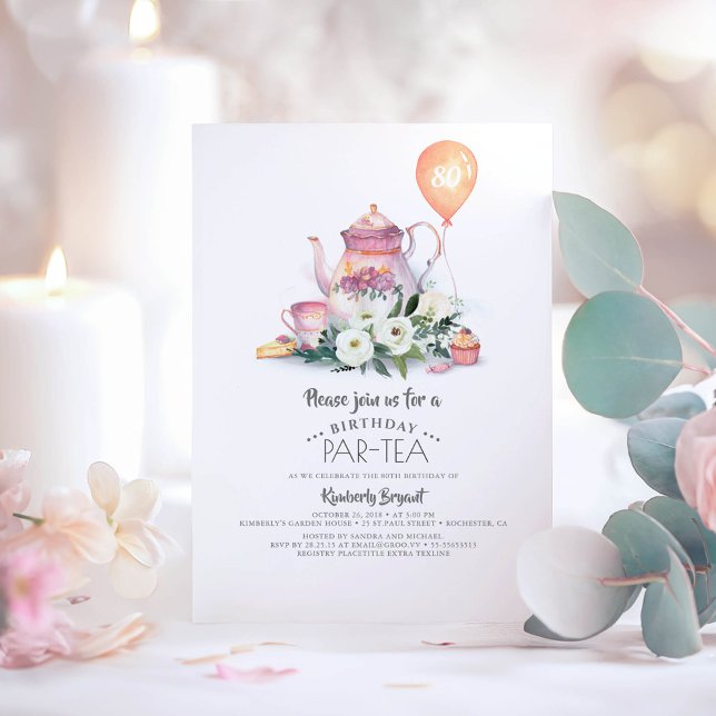 Elegant Blommigt Birthday Par-tea Inbjudningar (Elegant birthday invitations "Par-Tea" for tea tasting simple casual and relaxed celebrations)