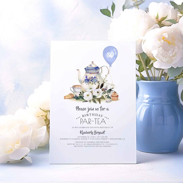 Elegant Blommigt Bjud på födelsedagspressebjudan Inbjudningar (Dusty Blue Par-Tea Birthday Invitations)