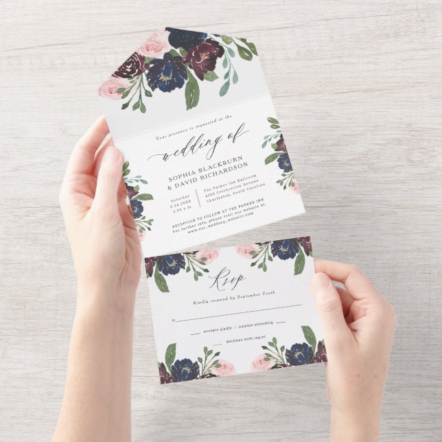 Elegant Blommigt Blå och plommon | BRÖLLOP (Avrivbar del)
