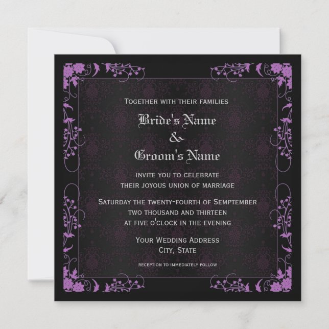 Elegant Blommigt Black and Lila Damask Wedding Inbjudningar (Framsida)