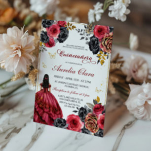 Elegant Blommigt Black and Red Quinceanera Inbjudningar