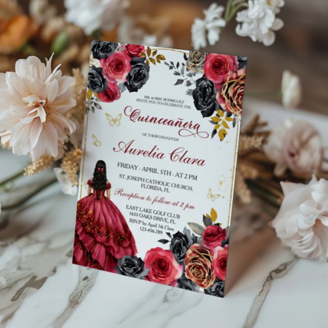 Elegant Blommigt Black and Red Quinceanera Inbjudningar (Skapare uppladdad)