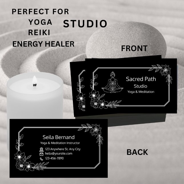 Elegant Blommigt Black and White Yoga Studio Visitkort (Skapare uppladdad)