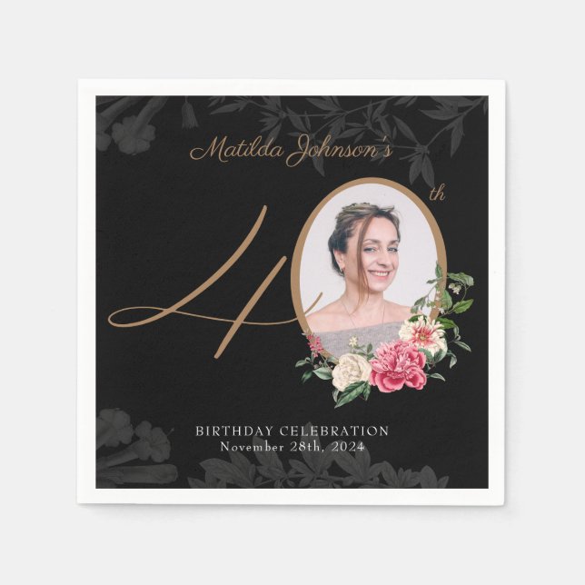 Elegant Blommigt Black Guld Anpassningsbar 40:e fö Pappersservett (Framsidan)