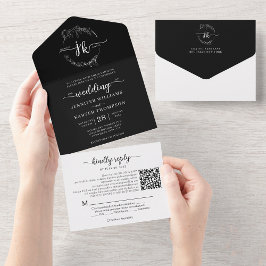 Elegant Blommigt Black Monogram QR-kod Bröllop