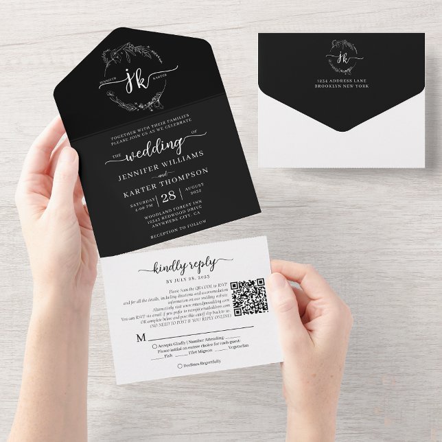 Elegant Blommigt Black Monogram QR-kod Bröllop (Skapare uppladdad)